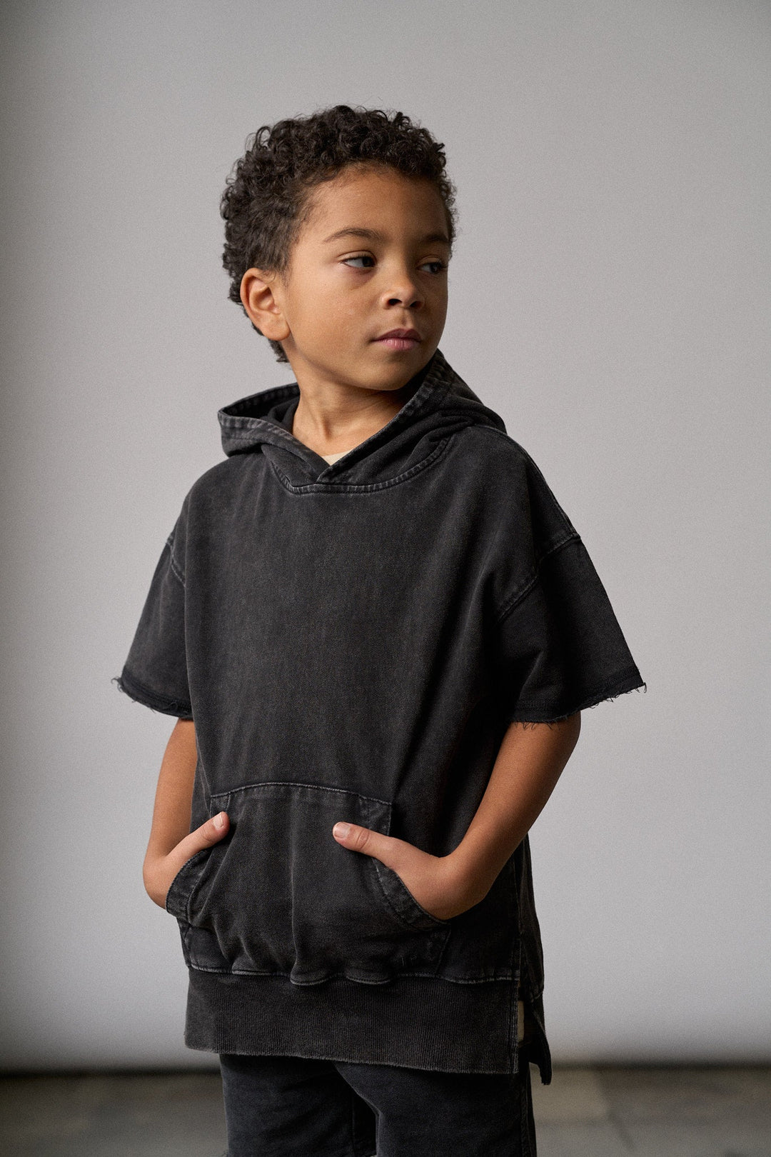 Imperfect Acid Wash Short Sleeve Hoodie - Black