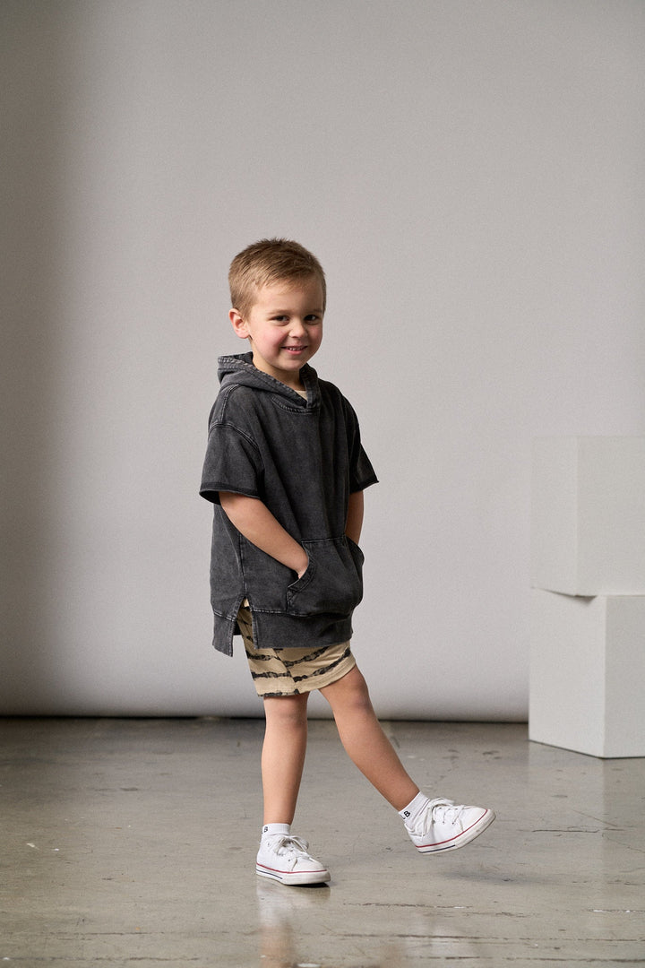 Imperfect Acid Wash Short Sleeve Hoodie - Black