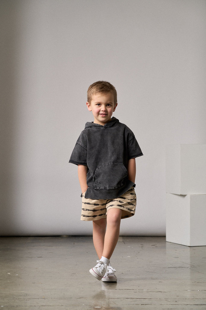 Imperfect Acid Wash Short Sleeve Hoodie - Black