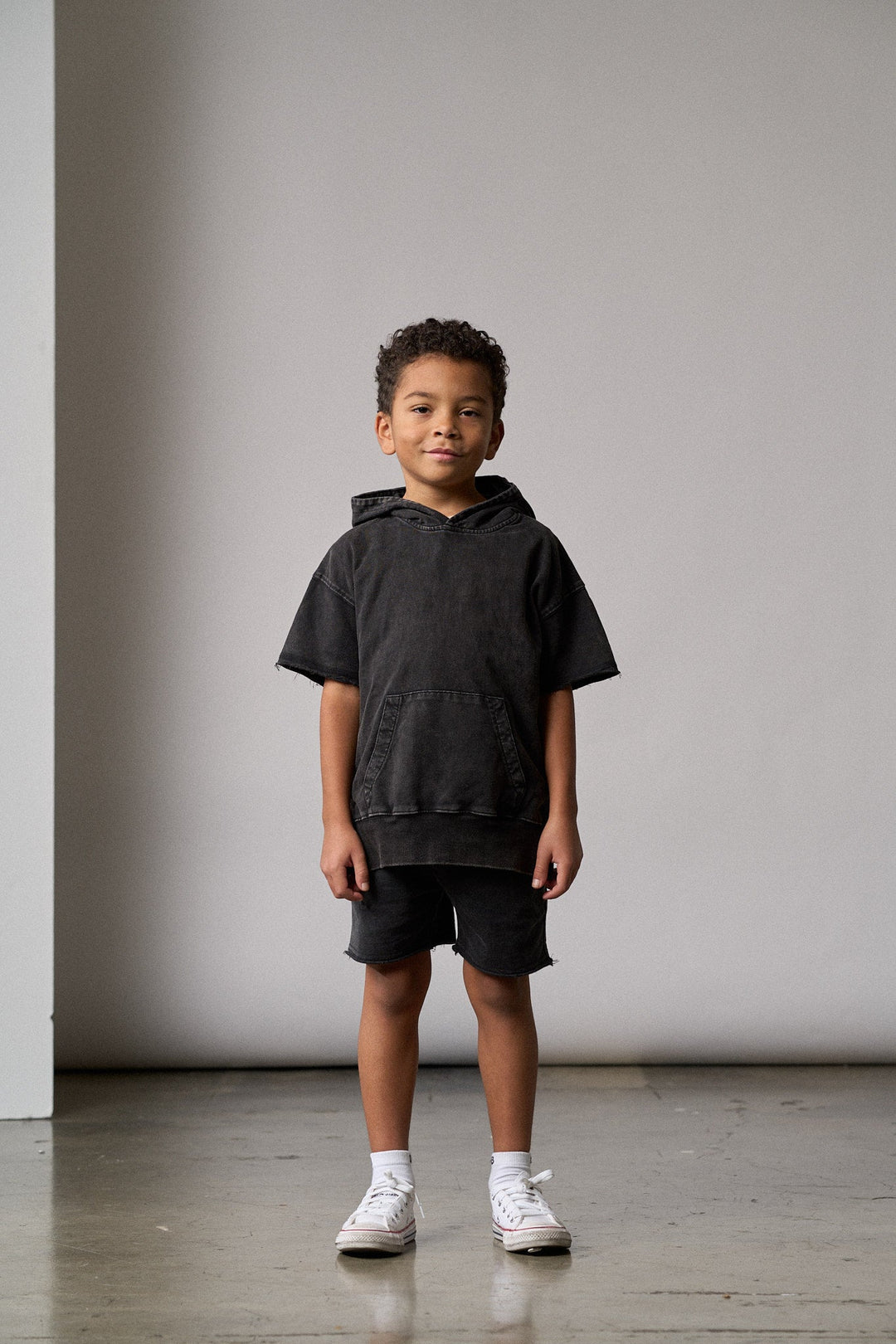 Imperfect Acid Wash Short Sleeve Hoodie - Black