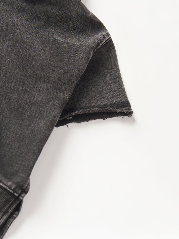 Imperfect Acid Wash Short Sleeve Hoodie - Black